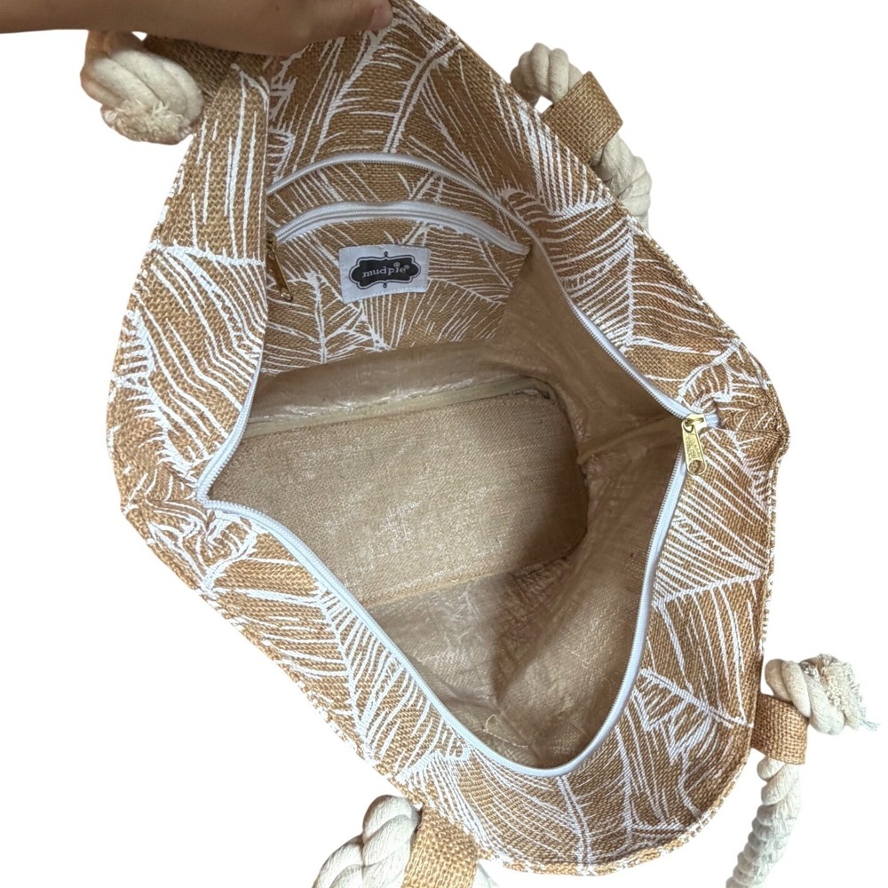 Mud Pie Jute Beach Tote Bag Tan White Palm Leaf Rope Handle Chiffon Scarf Accent - Picture 4 of 5